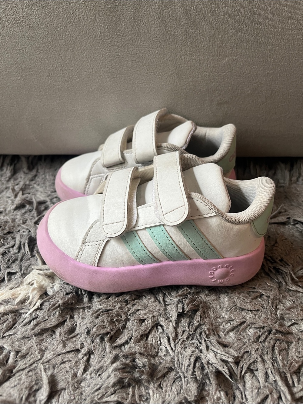 Adidas sneakers. White. Pink. Purple. Sea foam. Toddler US size 8. Pre-owned.